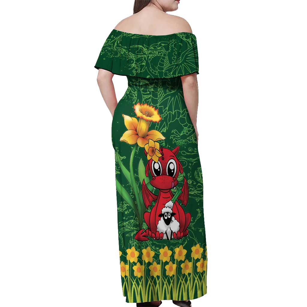Saint David's Day Off Shoulder Maxi Dress Welsh Dragons Yellow Daffodils - Wonder Print Shop