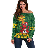 Saint David's Day Off Shoulder Sweater Welsh Dragons Yellow Daffodils - Wonder Print Shop