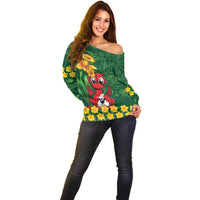 Saint David's Day Off Shoulder Sweater Welsh Dragons Yellow Daffodils - Wonder Print Shop
