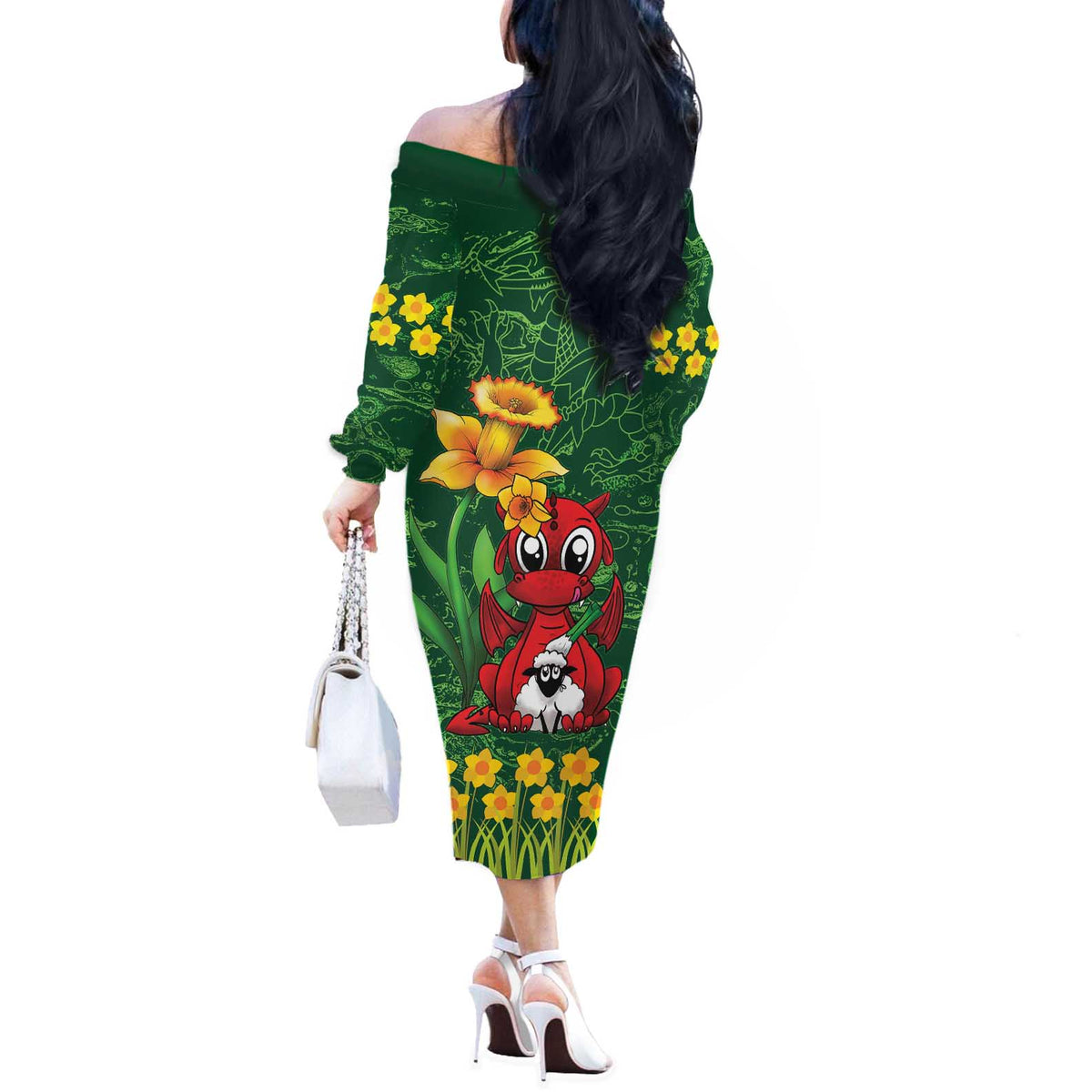 Saint David's Day Off The Shoulder Long Sleeve Dress Welsh Dragons Yellow Daffodils - Wonder Print Shop