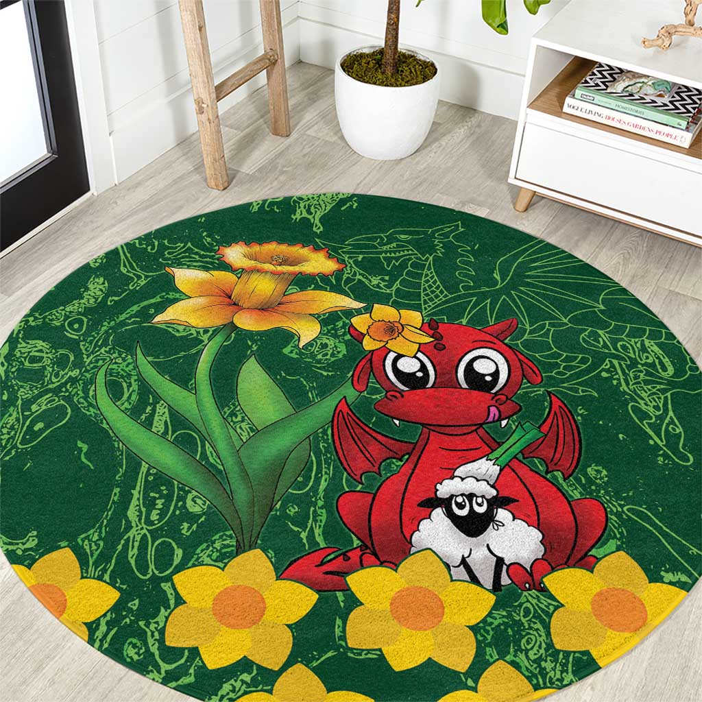 Saint David's Day Round Carpet Welsh Dragons Yellow Daffodils - Wonder Print Shop