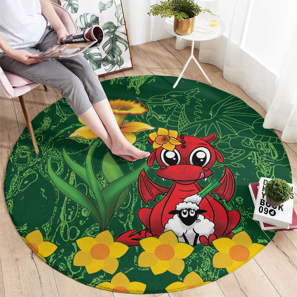 Saint David's Day Round Carpet Welsh Dragons Yellow Daffodils - Wonder Print Shop