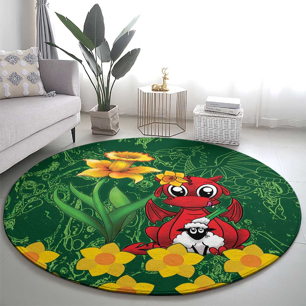 Saint David's Day Round Carpet Welsh Dragons Yellow Daffodils - Wonder Print Shop