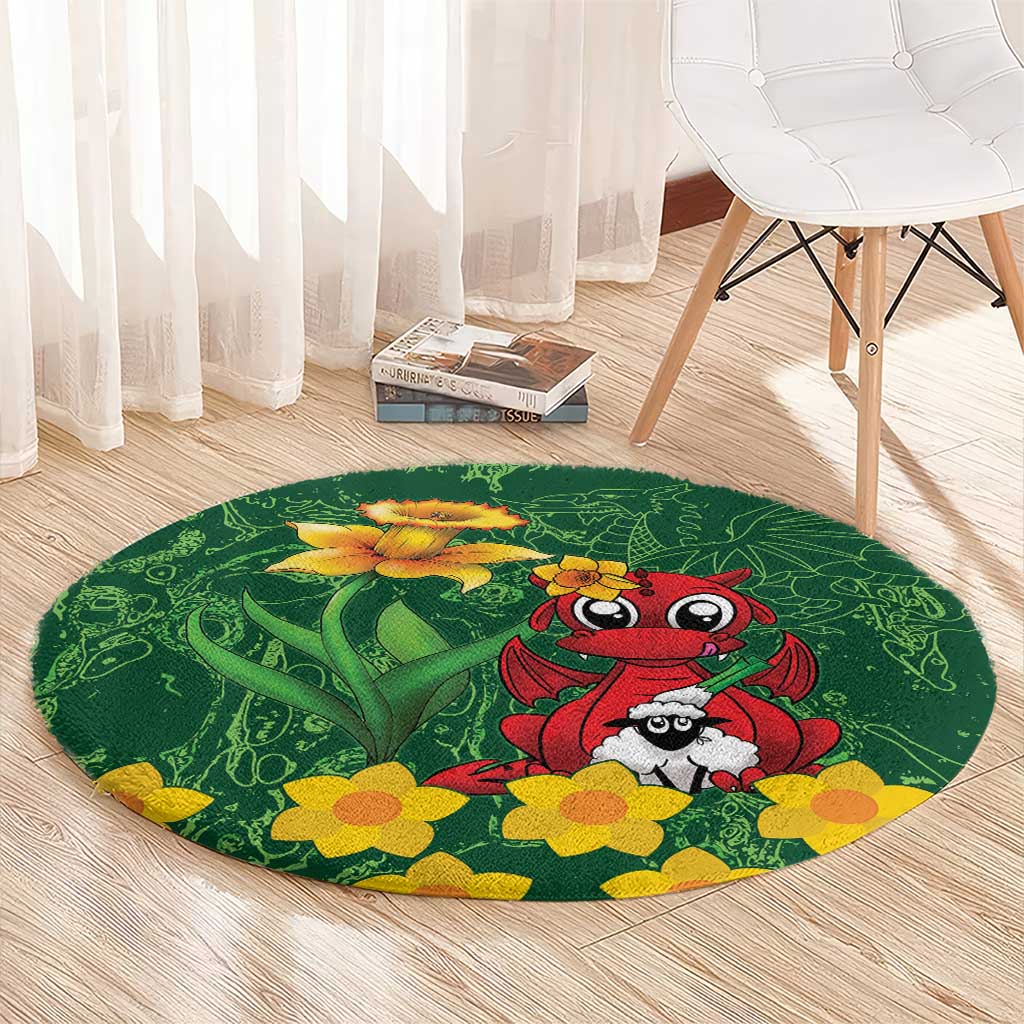 Saint David's Day Round Carpet Welsh Dragons Yellow Daffodils - Wonder Print Shop