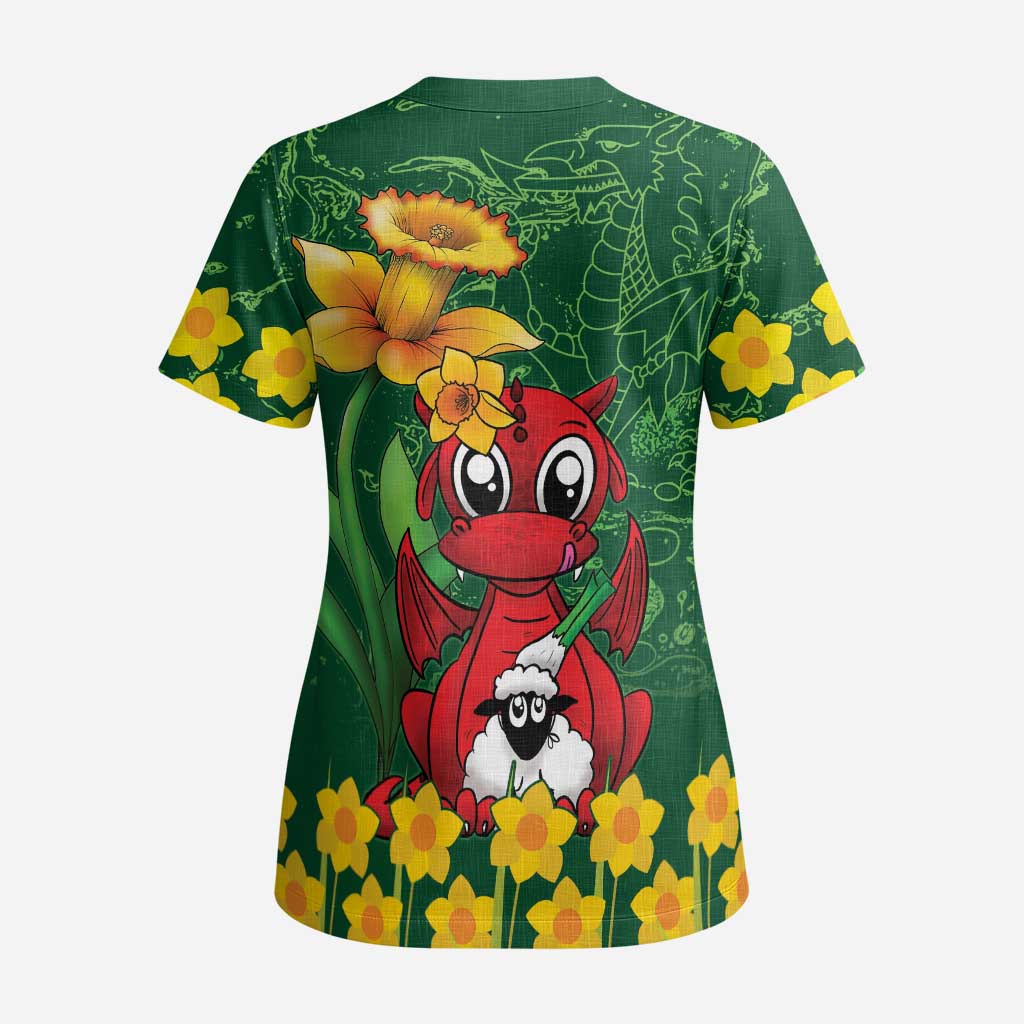 Saint David's Day Scrub Top Welsh Dragons Yellow Daffodils - Wonder Print Shop