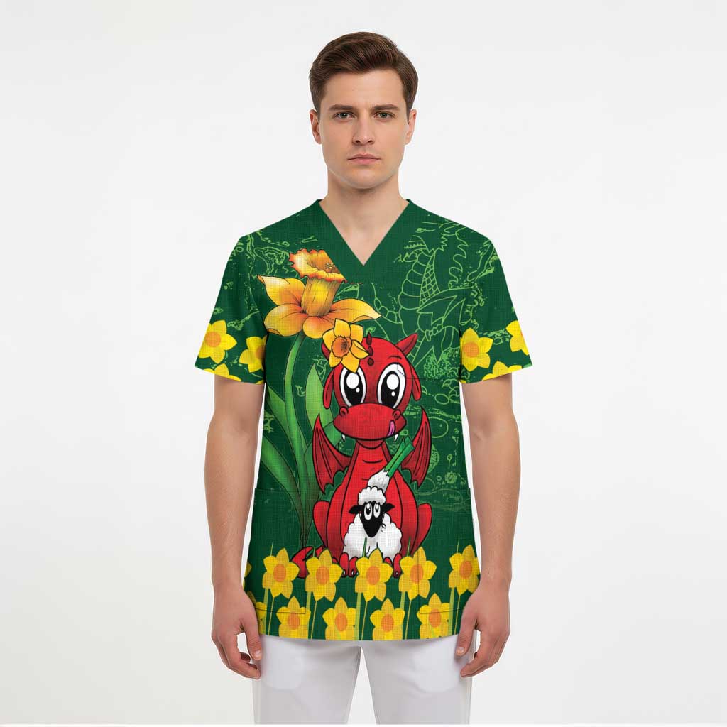Saint David's Day Scrub Top Welsh Dragons Yellow Daffodils - Wonder Print Shop