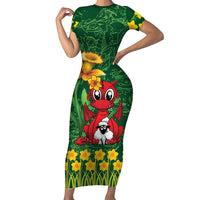 Saint David's Day Short Sleeve Bodycon Dress Welsh Dragons Yellow Daffodils - Wonder Print Shop