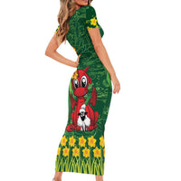 Saint David's Day Short Sleeve Bodycon Dress Welsh Dragons Yellow Daffodils - Wonder Print Shop