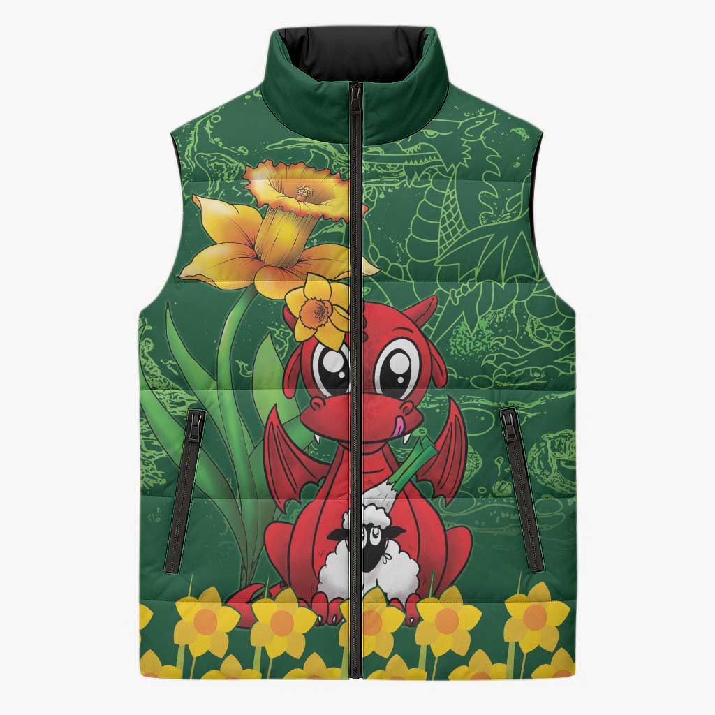 Saint David's Day Sleeveless Puffer Jacket Welsh Dragons Yellow Daffodils - Wonder Print Shop