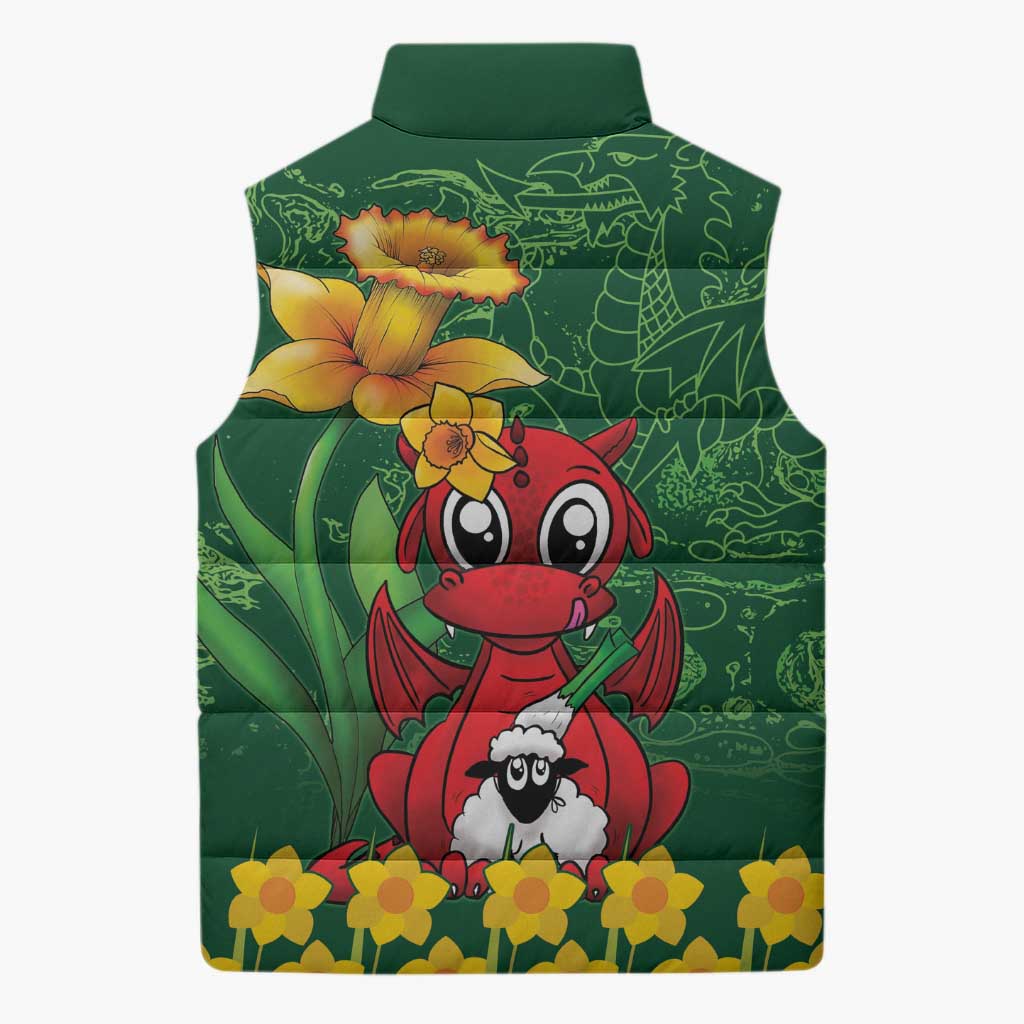 Saint David's Day Sleeveless Puffer Jacket Welsh Dragons Yellow Daffodils - Wonder Print Shop