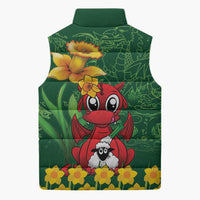 Saint David's Day Sleeveless Puffer Jacket Welsh Dragons Yellow Daffodils - Wonder Print Shop
