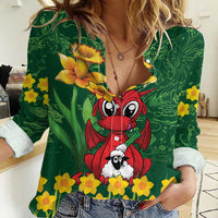 Saint David's Day Women Casual Shirt Welsh Dragons Yellow Daffodils - Wonder Print Shop