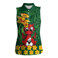 Saint David's Day Women Sleeveless Polo Shirt Welsh Dragons Yellow Daffodils - Wonder Print Shop