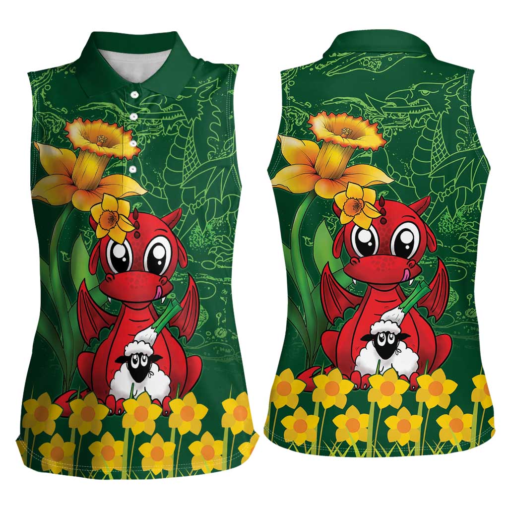 Saint David's Day Women Sleeveless Polo Shirt Welsh Dragons Yellow Daffodils - Wonder Print Shop