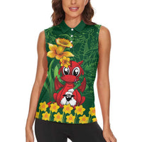 Saint David's Day Women Sleeveless Polo Shirt Welsh Dragons Yellow Daffodils - Wonder Print Shop