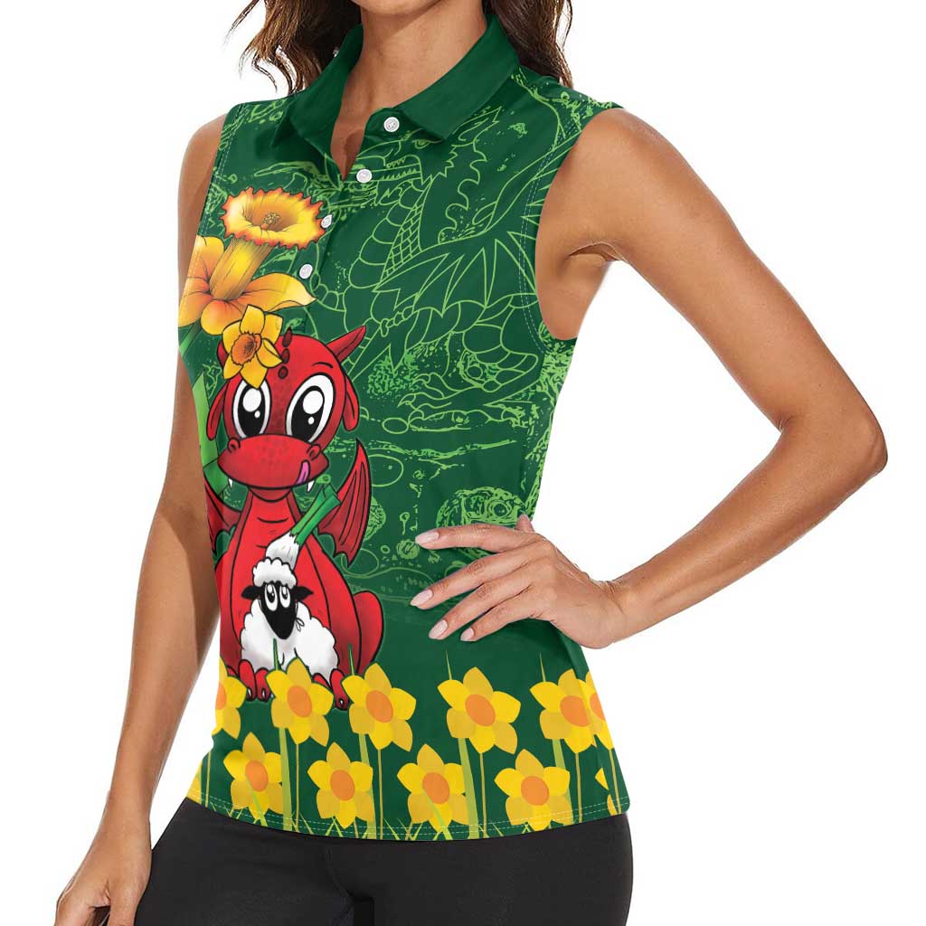 Saint David's Day Women Sleeveless Polo Shirt Welsh Dragons Yellow Daffodils - Wonder Print Shop