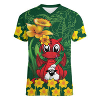 Saint David's Day Women V-Neck T-Shirt Welsh Dragons Yellow Daffodils - Wonder Print Shop