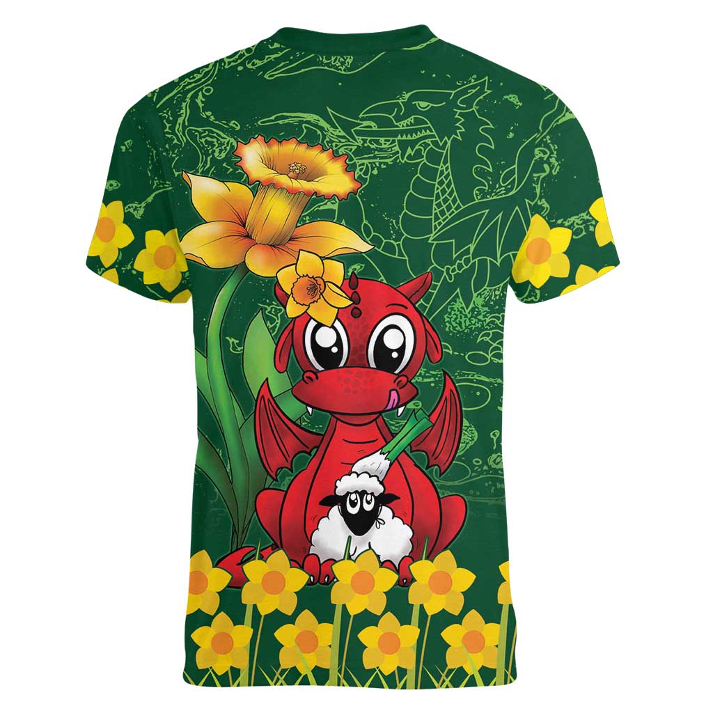 Saint David's Day Women V-Neck T-Shirt Welsh Dragons Yellow Daffodils - Wonder Print Shop