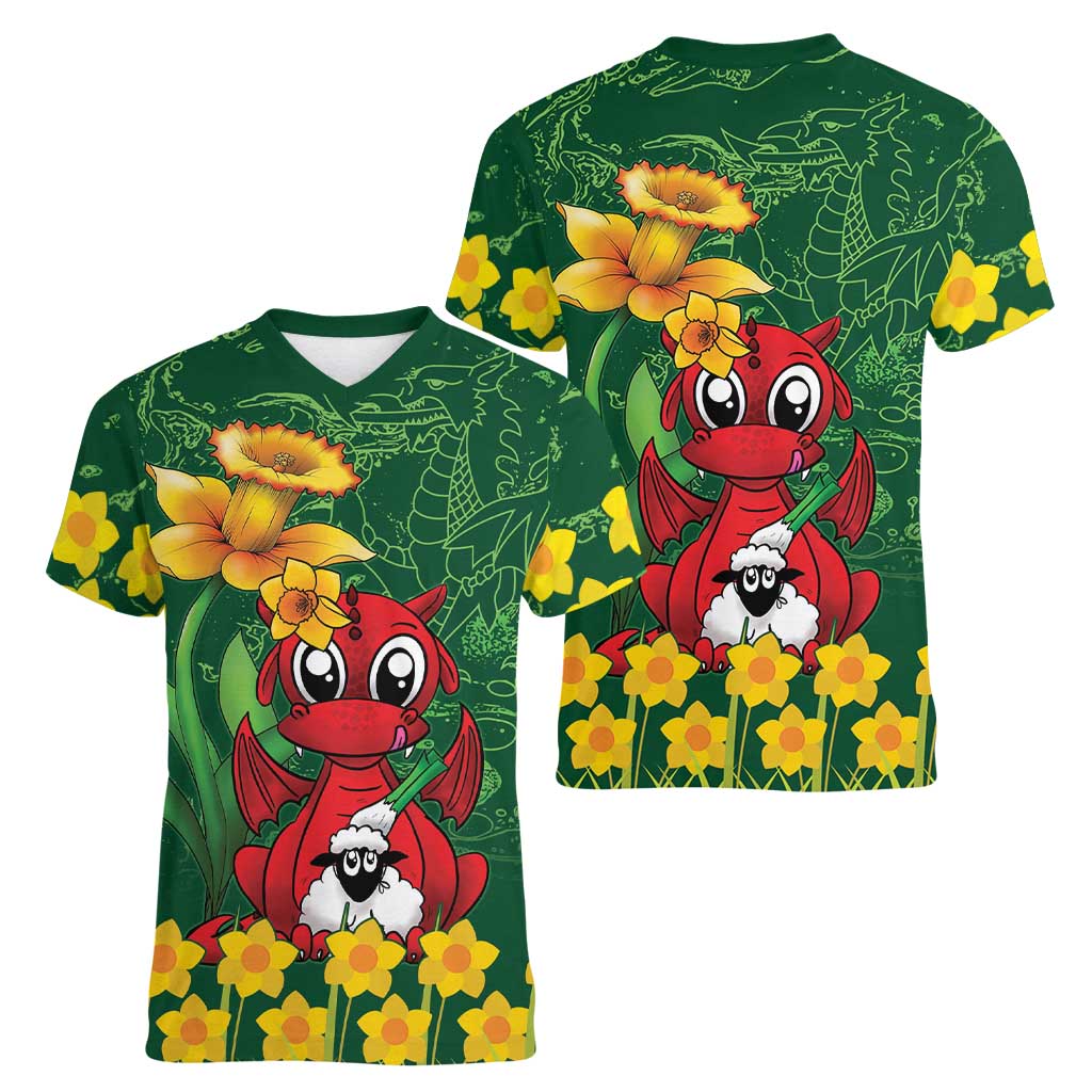 Saint David's Day Women V-Neck T-Shirt Welsh Dragons Yellow Daffodils - Wonder Print Shop