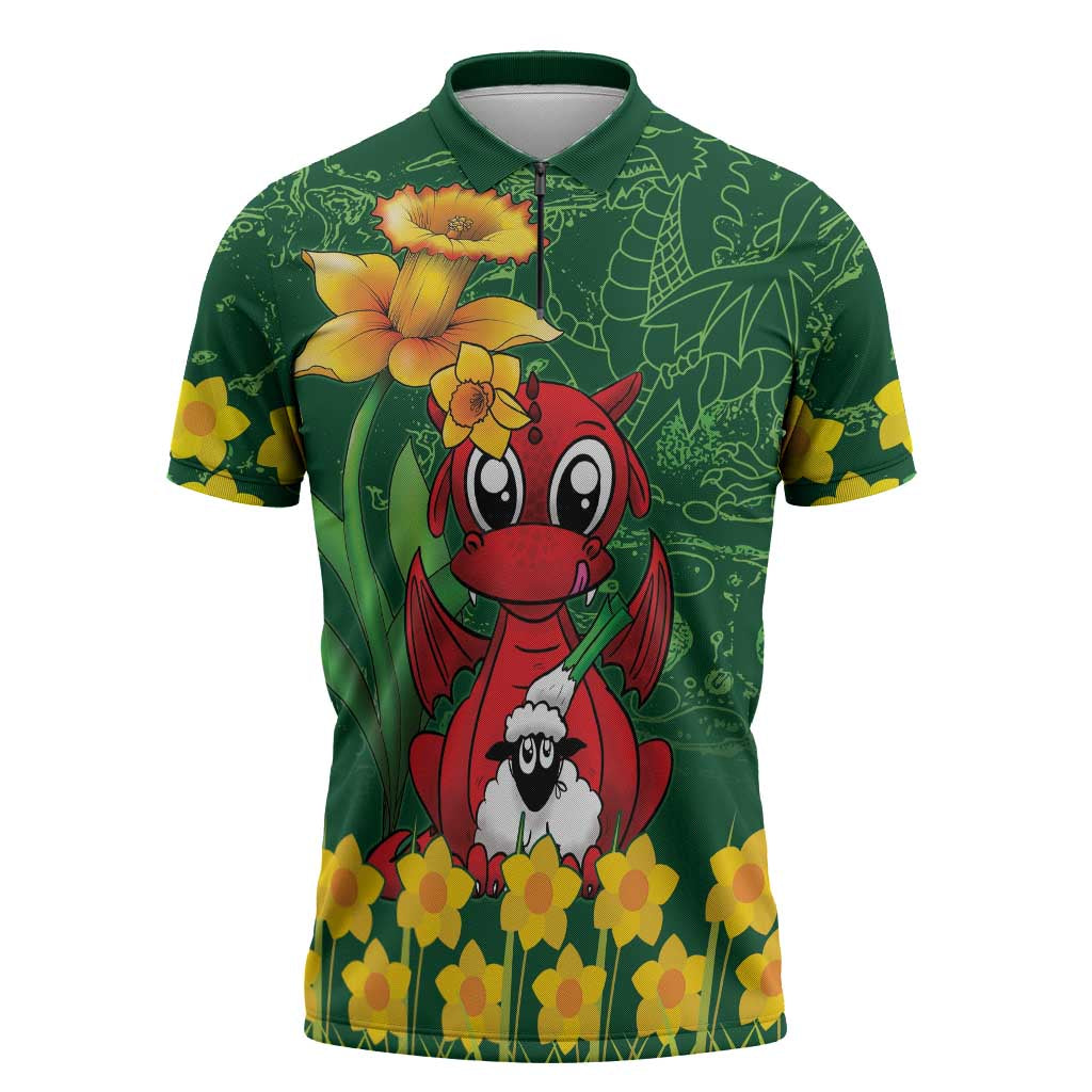Saint David's Day Zipper Polo Shirt Welsh Dragons Yellow Daffodils - Wonder Print Shop
