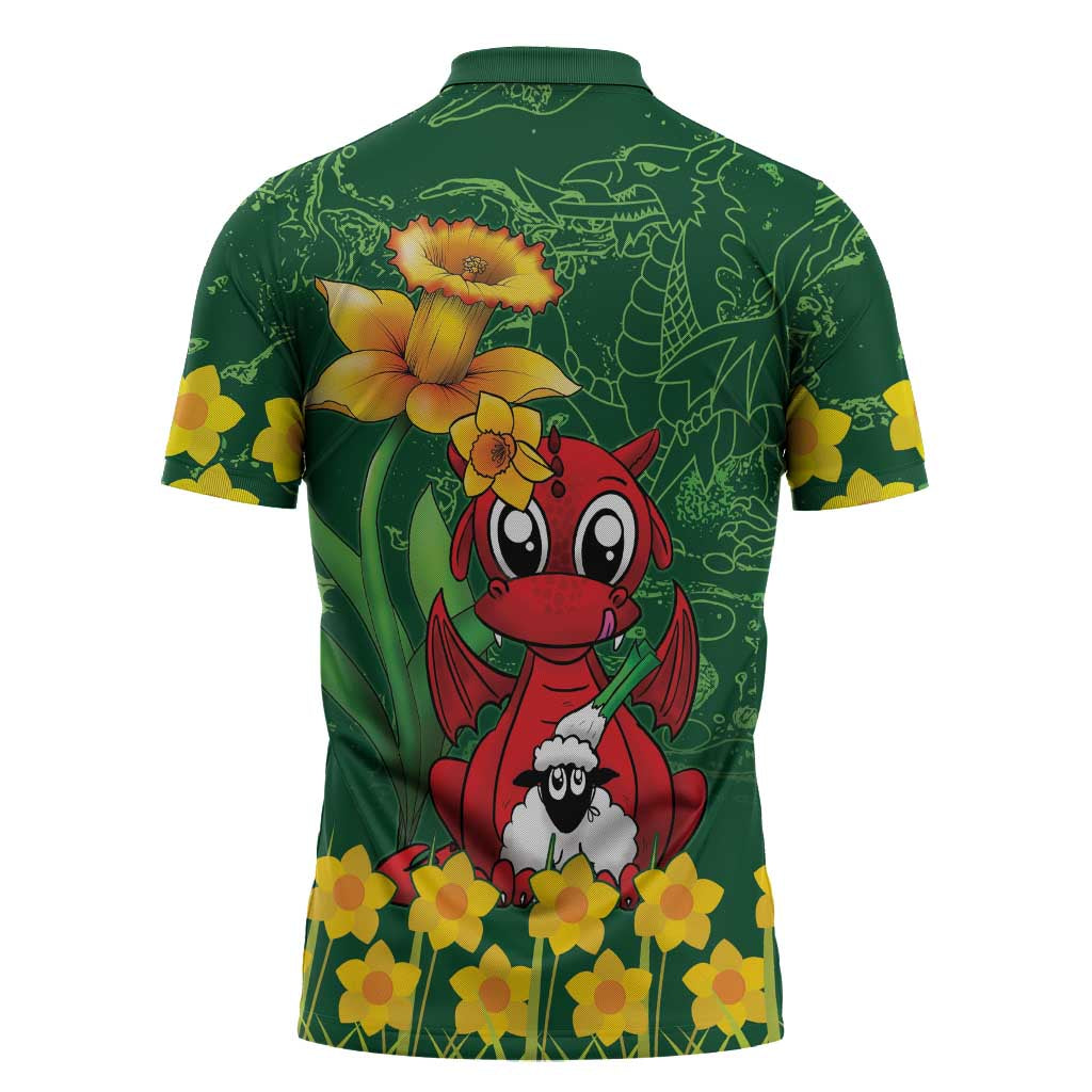 Saint David's Day Zipper Polo Shirt Welsh Dragons Yellow Daffodils - Wonder Print Shop