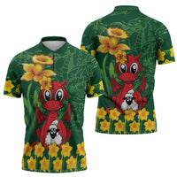 Saint David's Day Zipper Polo Shirt Welsh Dragons Yellow Daffodils - Wonder Print Shop