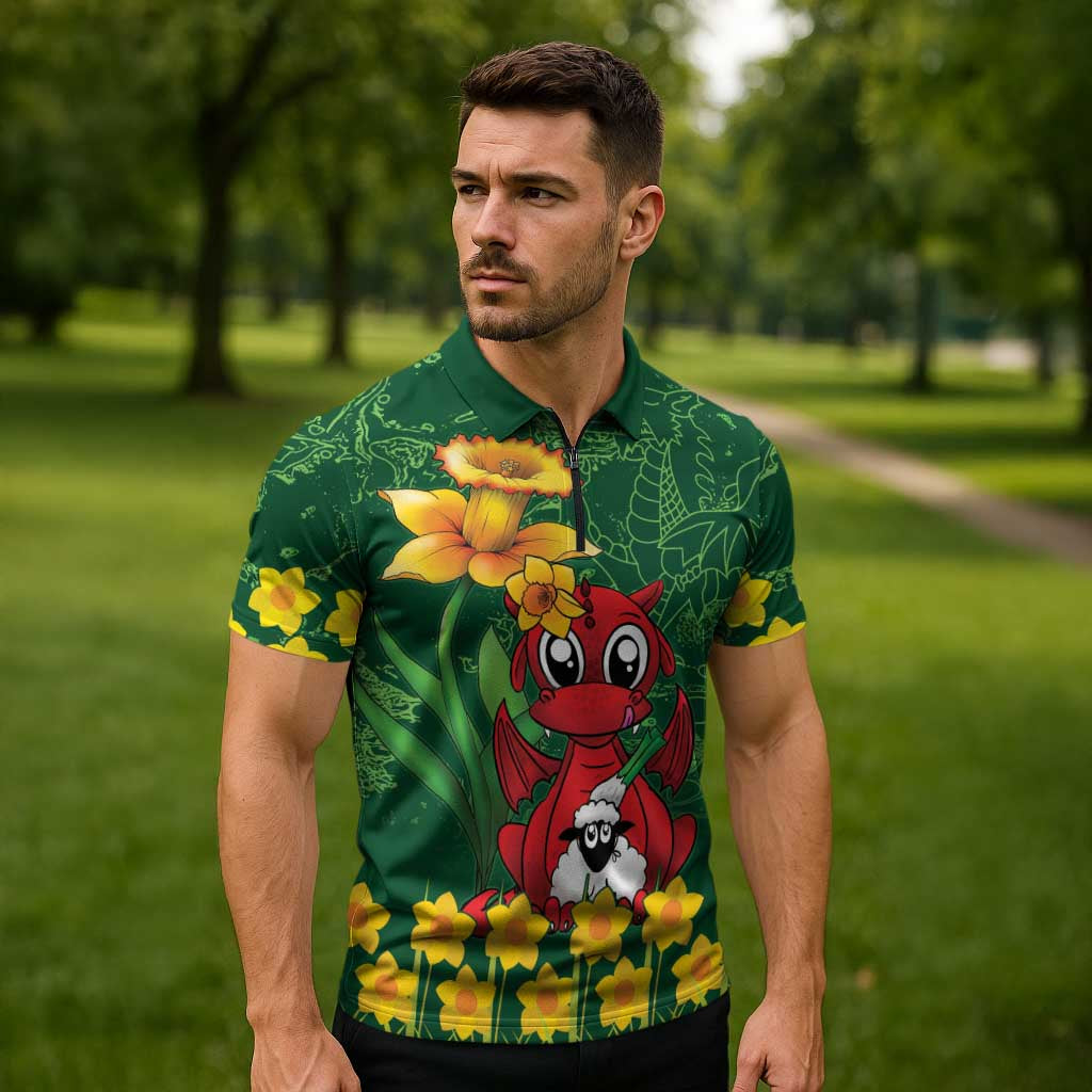 Saint David's Day Zipper Polo Shirt Welsh Dragons Yellow Daffodils - Wonder Print Shop