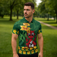 Saint David's Day Zipper Polo Shirt Welsh Dragons Yellow Daffodils - Wonder Print Shop