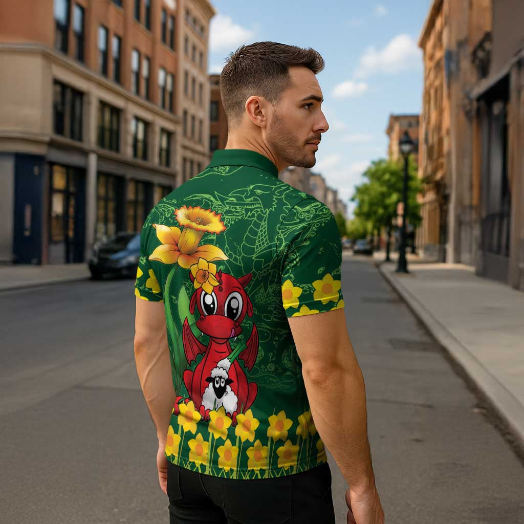 Saint David's Day Zipper Polo Shirt Welsh Dragons Yellow Daffodils - Wonder Print Shop