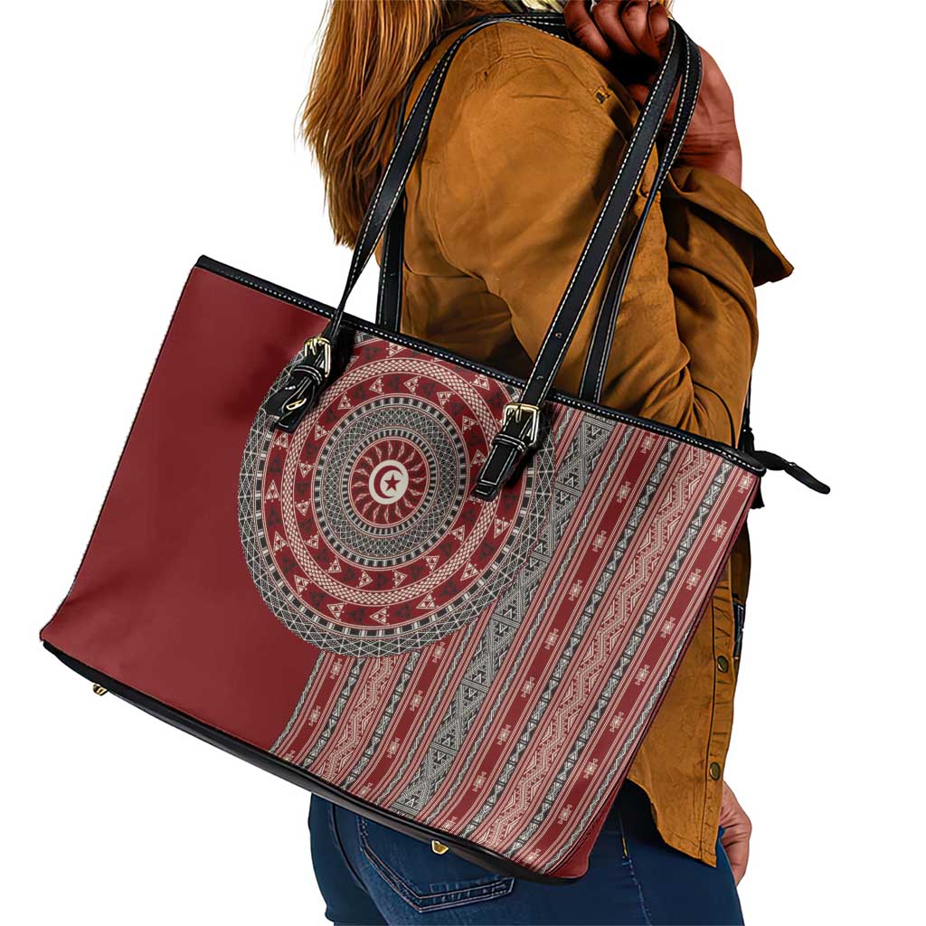 Tunisia Bakhnug Motif Leather Tote Bag Traditional Tunisian Embroidery Inspired - Wonder Print Shop