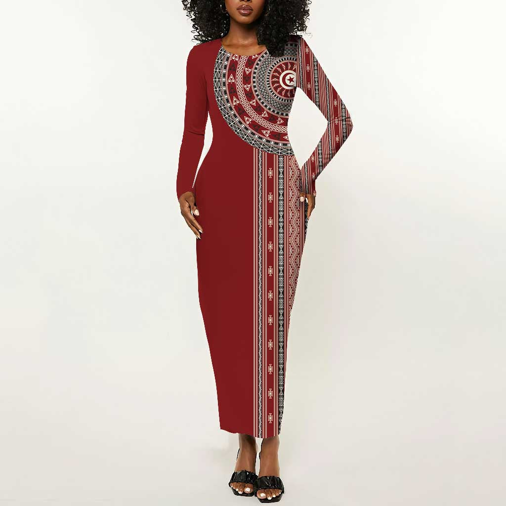 Tunisia Bakhnug Motif Long Sleeve Bodycon Dress Traditional Tunisian Embroidery Inspired - Wonder Print Shop