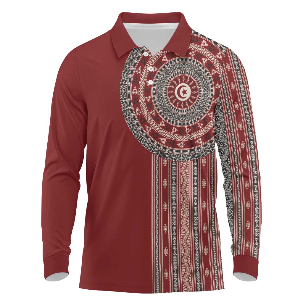 Tunisia Bakhnug Motif Long Sleeve Polo Shirt Traditional Tunisian Embroidery Inspired - Wonder Print Shop