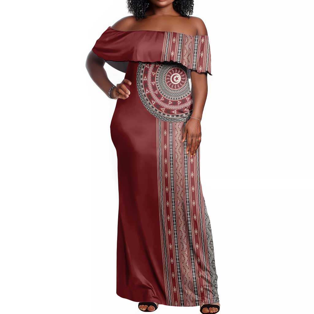 Tunisia Bakhnug Motif Off Shoulder Maxi Dress Traditional Tunisian Embroidery Inspired - Wonder Print Shop