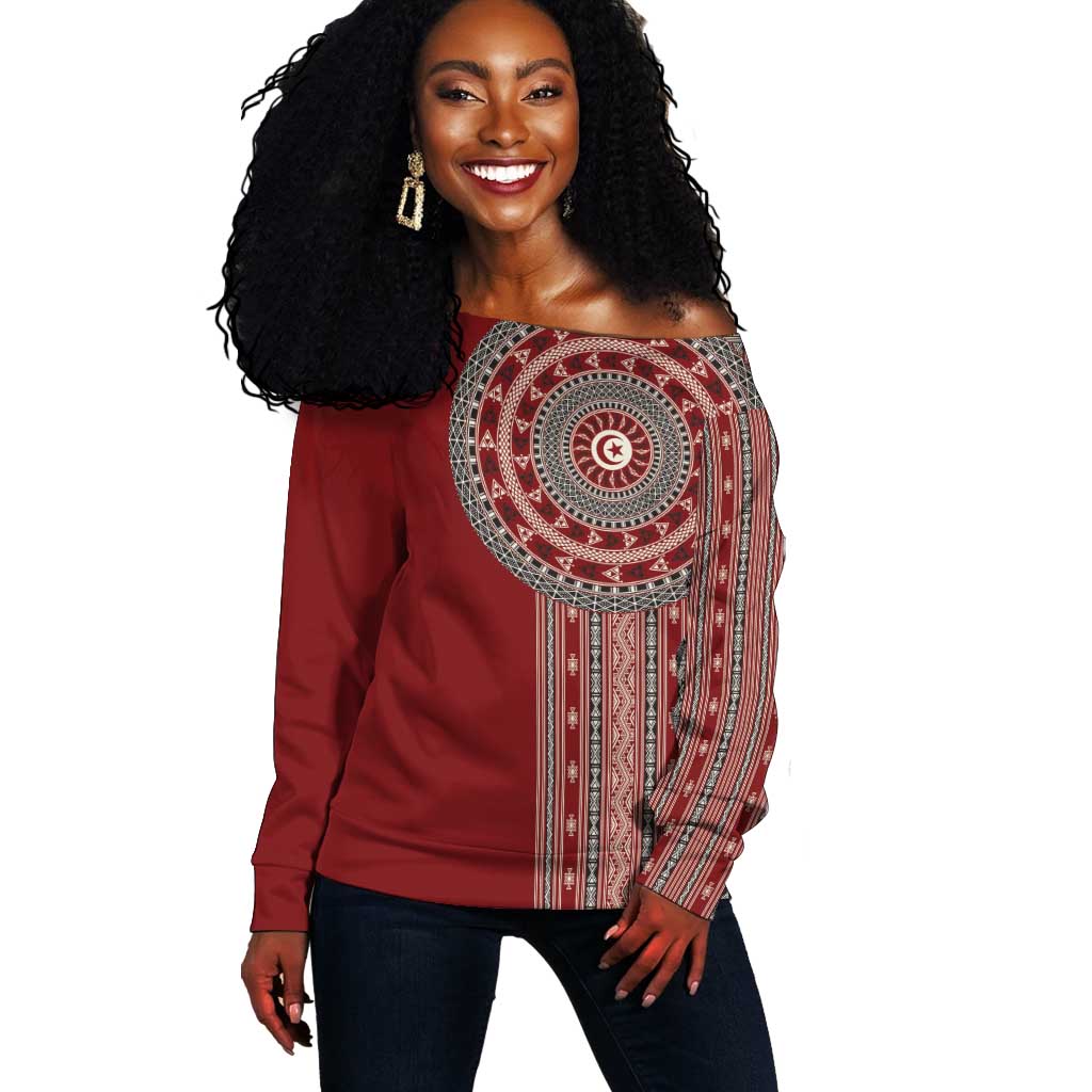 Tunisia Bakhnug Motif Off Shoulder Sweater Traditional Tunisian Embroidery Inspired - Wonder Print Shop