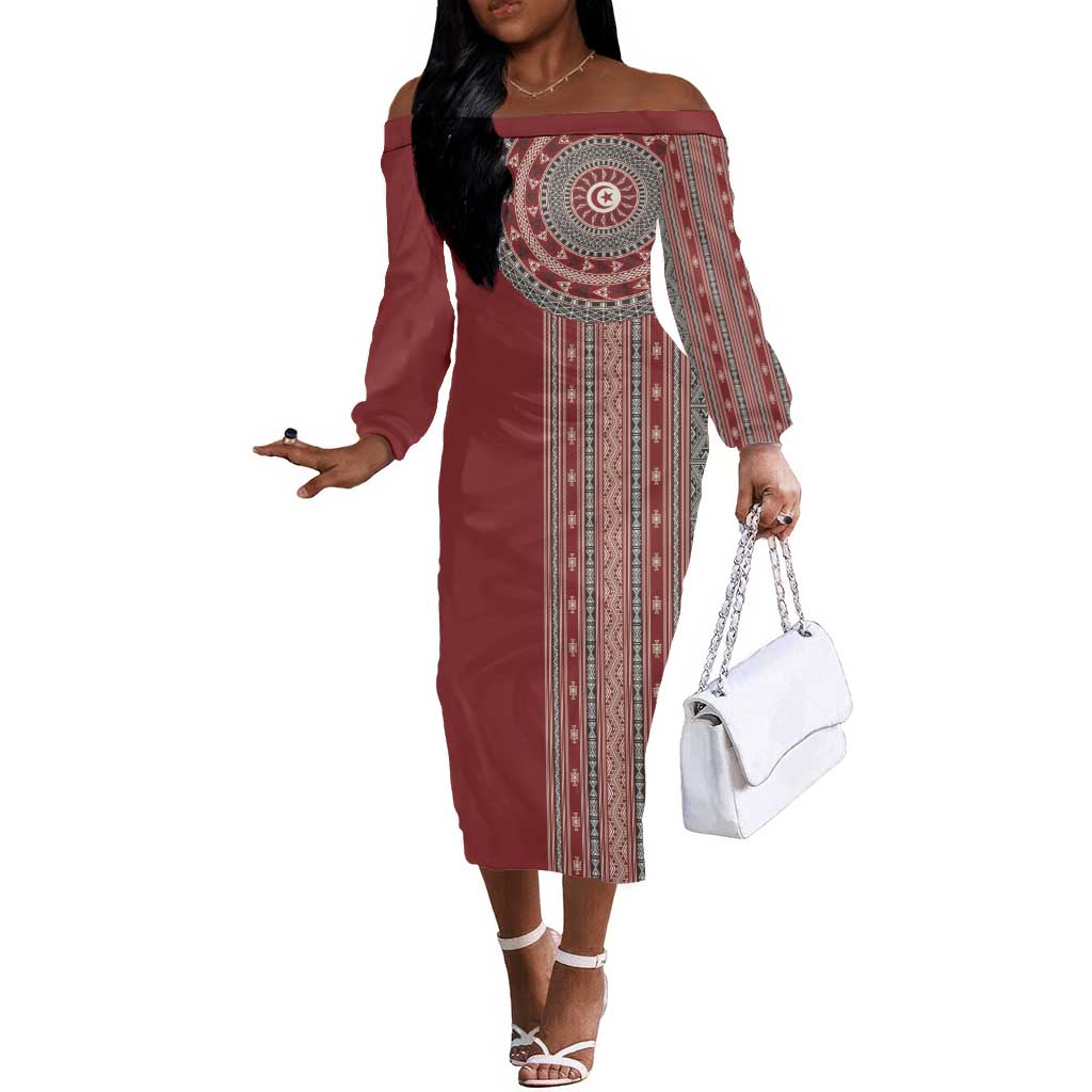 Tunisia Bakhnug Motif Off The Shoulder Long Sleeve Dress Traditional Tunisian Embroidery Inspired - Wonder Print Shop