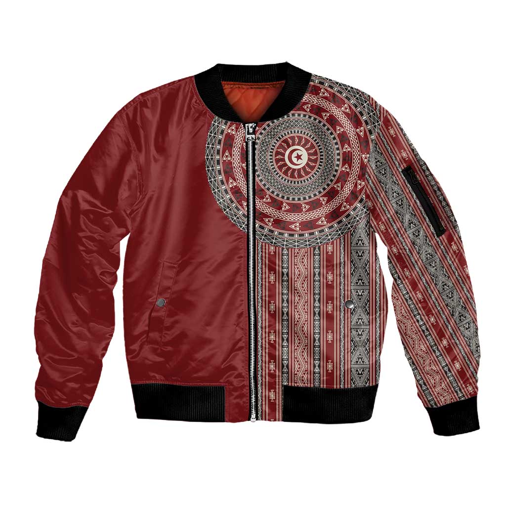 Tunisia Bakhnug Motif Sleeve Zip Bomber Jacket Traditional Tunisian Embroidery Inspired - Wonder Print Shop