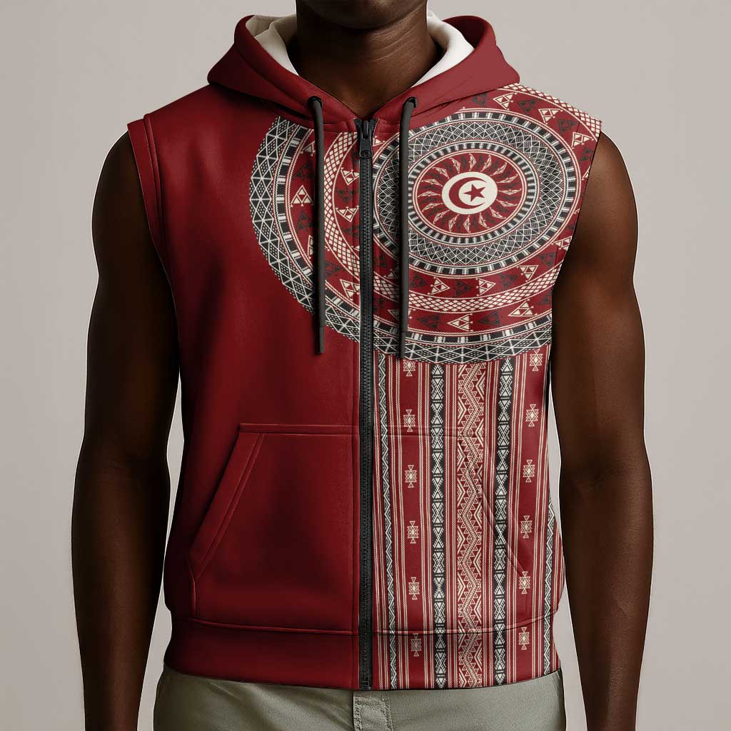 Tunisia Bakhnug Motif Sleeveless Zip Hoodie Traditional Tunisian Embroidery Inspired - Wonder Print Shop
