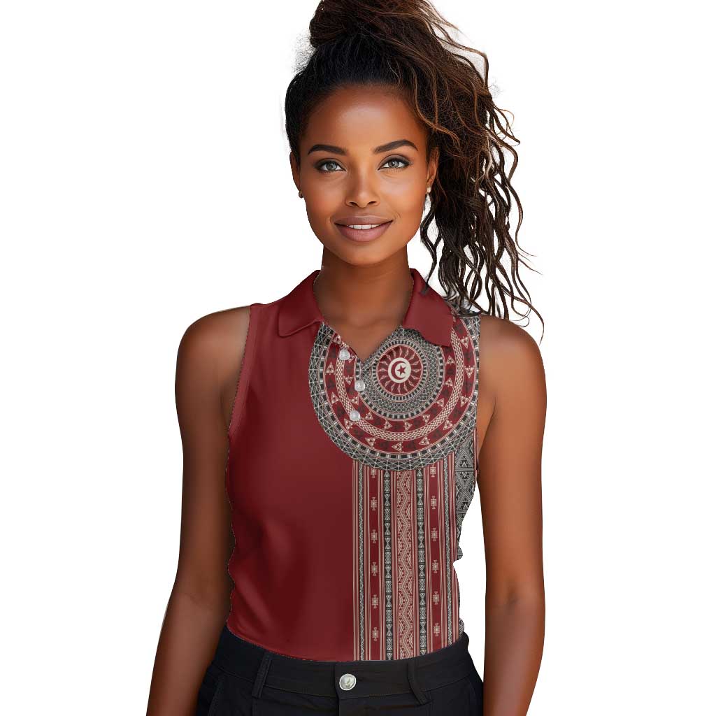 Tunisia Bakhnug Motif Women Sleeveless Polo Shirt Traditional Tunisian Embroidery Inspired - Wonder Print Shop