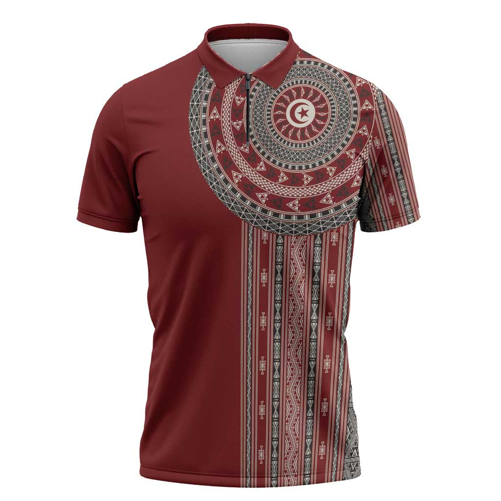 Tunisia Bakhnug Motif Zipper Polo Shirt Traditional Tunisian Embroidery Inspired - Wonder Print Shop