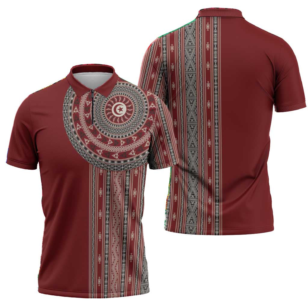 Tunisia Bakhnug Motif Zipper Polo Shirt Traditional Tunisian Embroidery Inspired - Wonder Print Shop