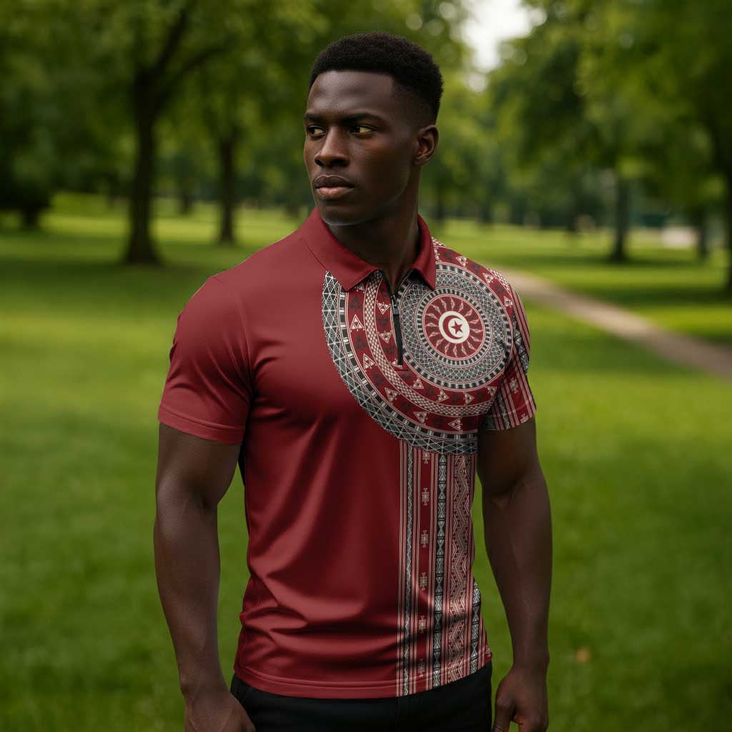 Tunisia Bakhnug Motif Zipper Polo Shirt Traditional Tunisian Embroidery Inspired - Wonder Print Shop