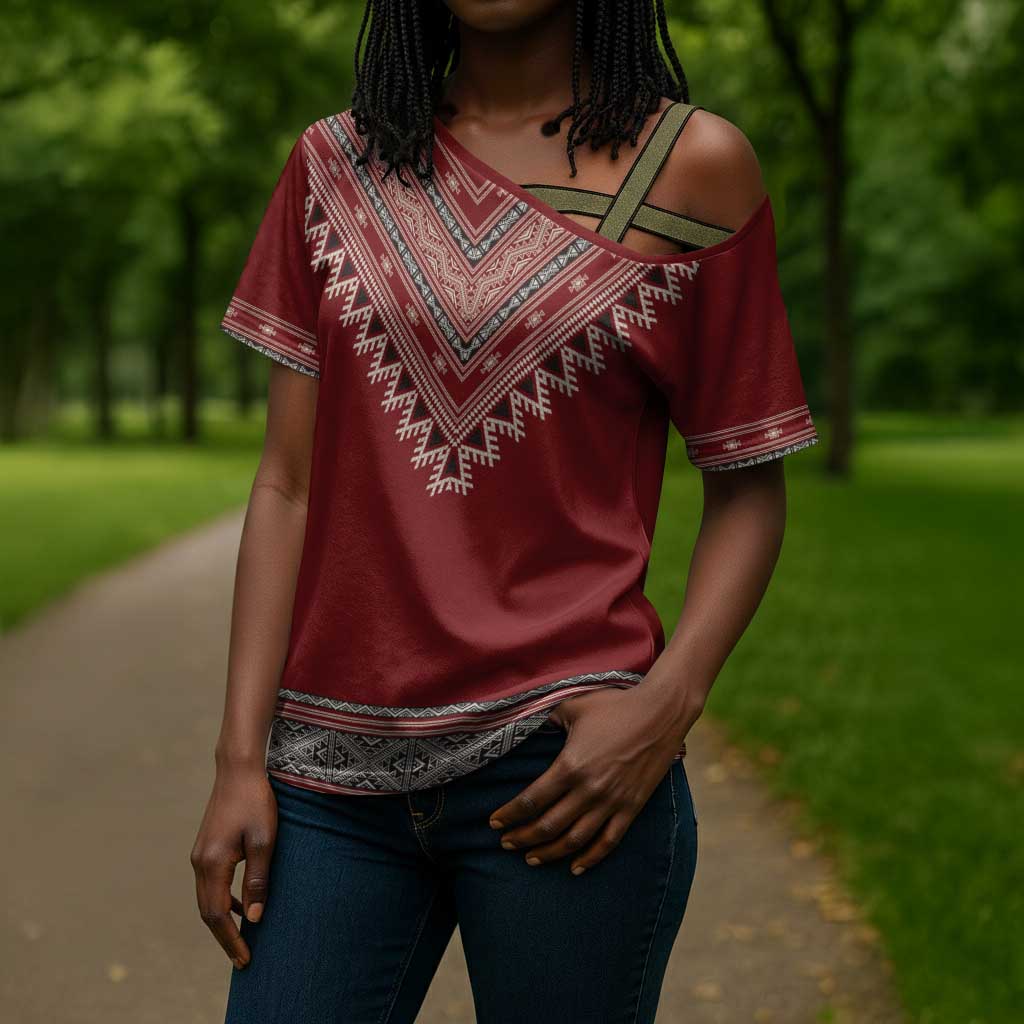 Tunisian Embroidery Pattern Cross Shoulder Shirt - Wonder Print Shop