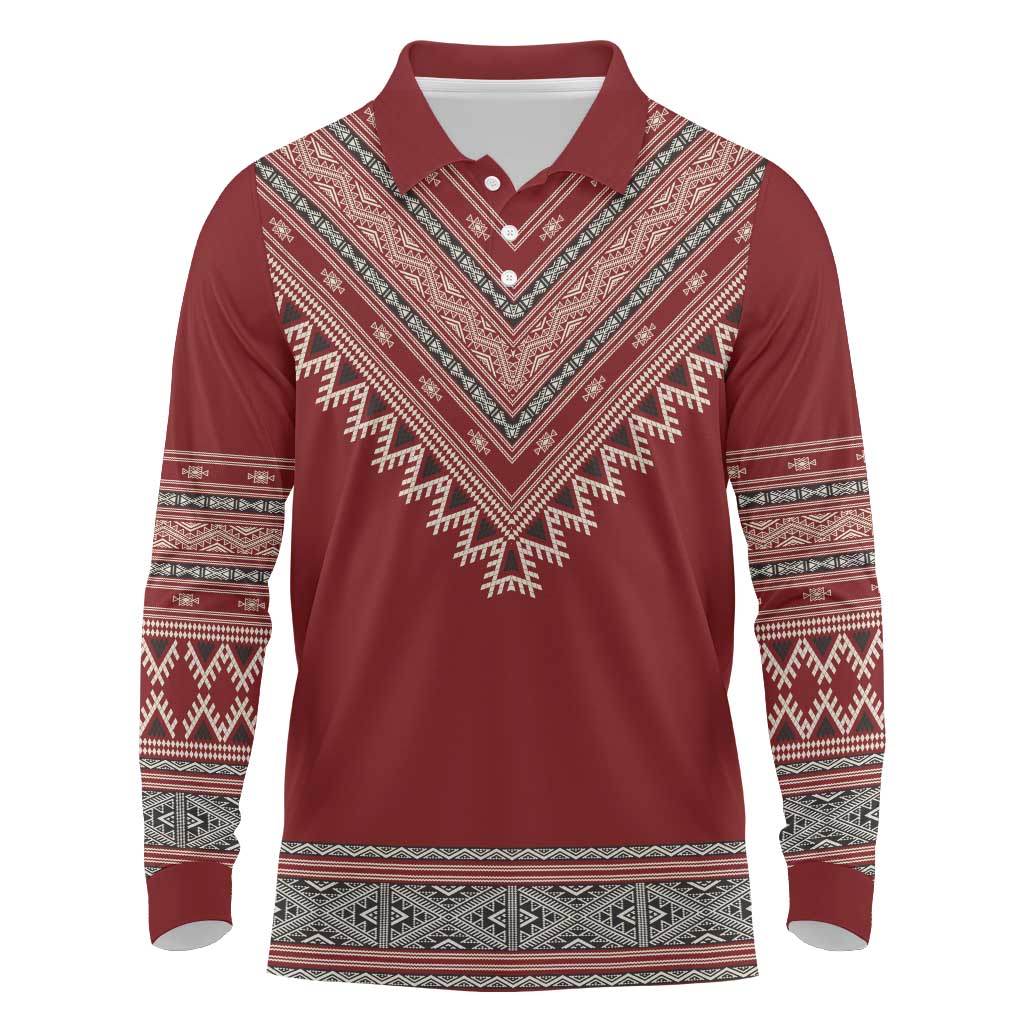 Tunisian Embroidery Pattern Long Sleeve Polo Shirt - Wonder Print Shop