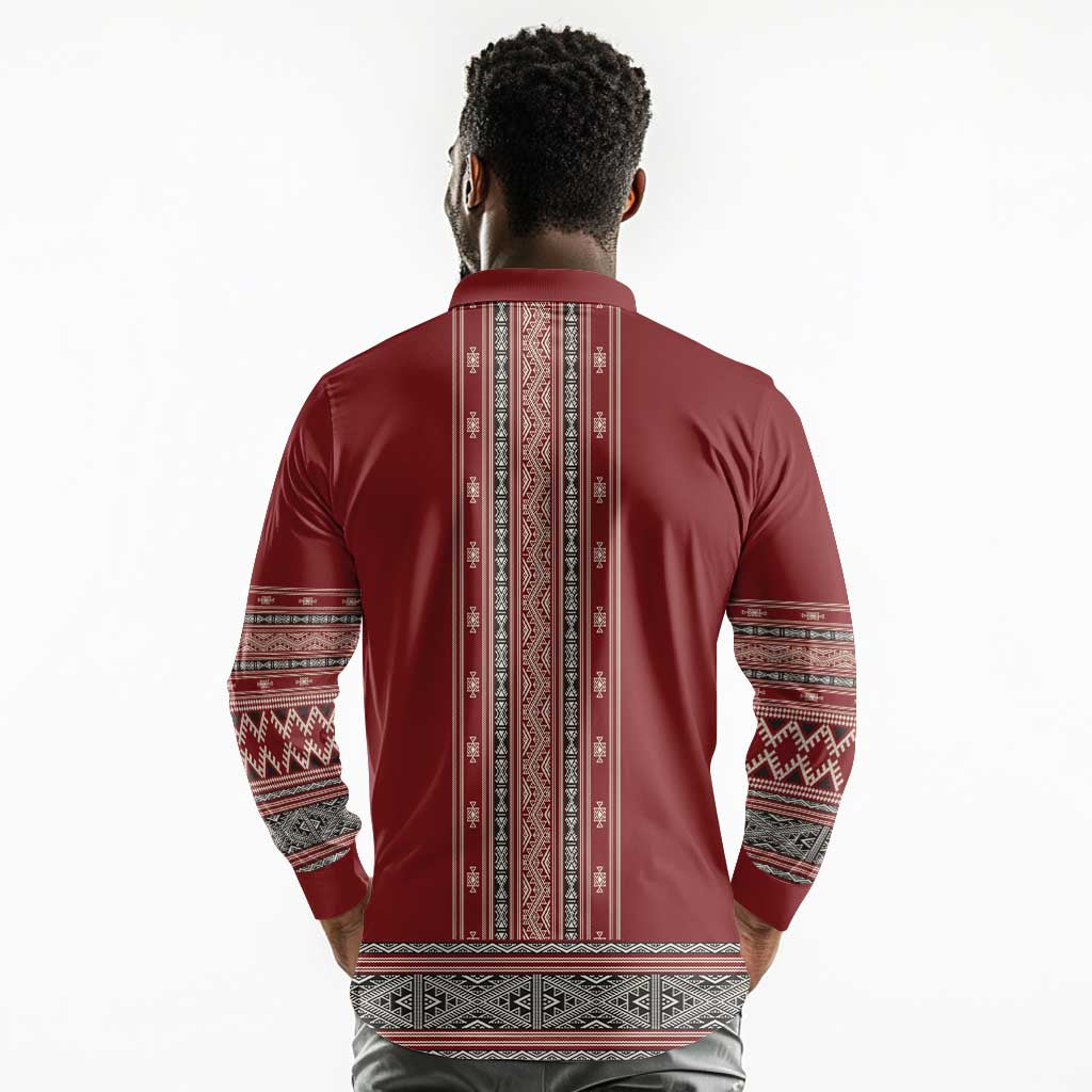 Tunisian Embroidery Pattern Long Sleeve Polo Shirt - Wonder Print Shop