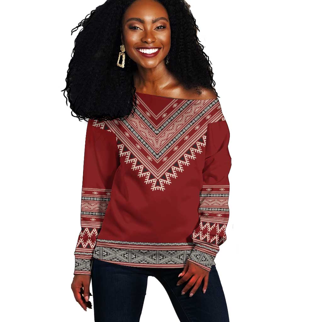 Tunisian Embroidery Pattern Off Shoulder Sweater - Wonder Print Shop