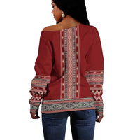 Tunisian Embroidery Pattern Off Shoulder Sweater - Wonder Print Shop