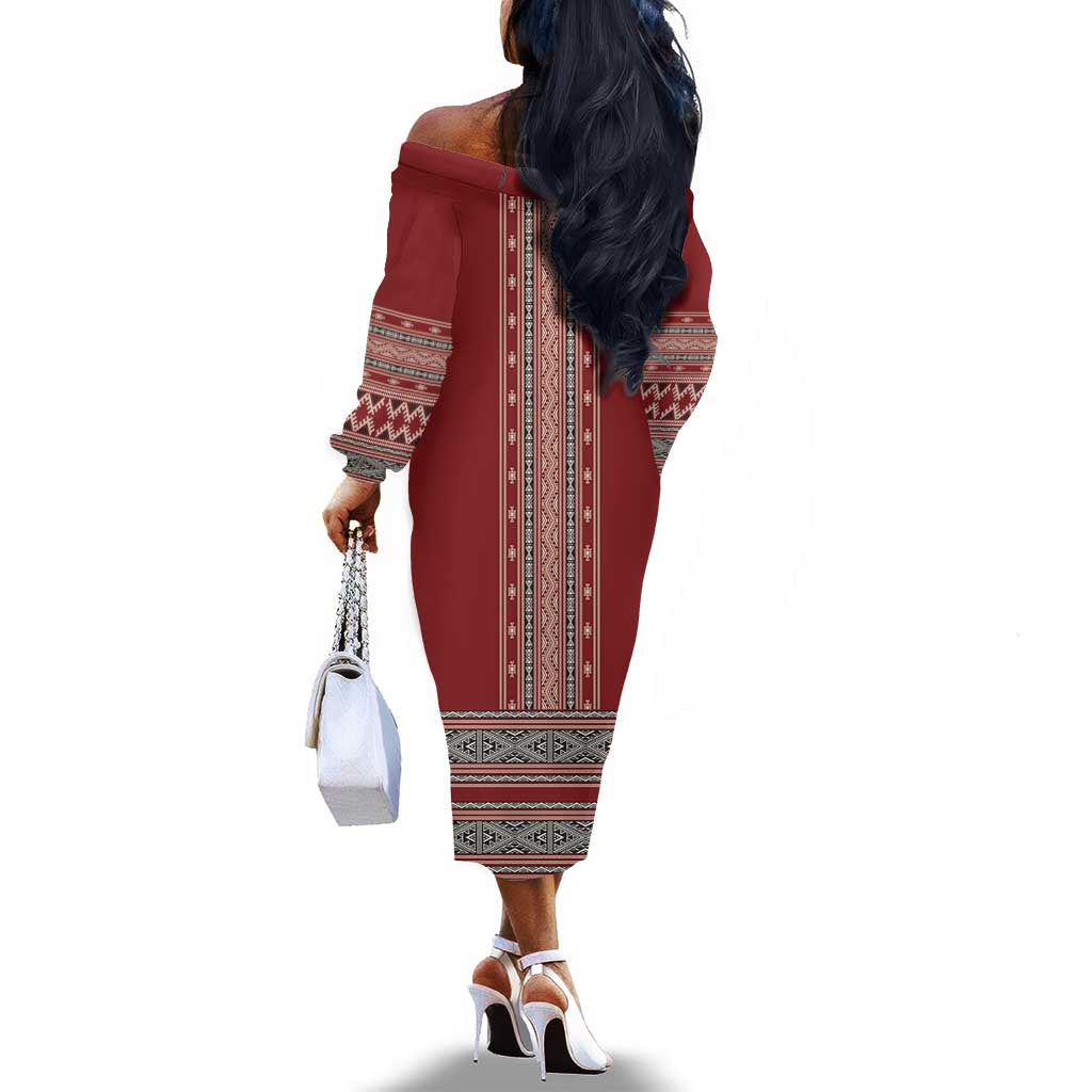 Tunisian Embroidery Pattern Off The Shoulder Long Sleeve Dress - Wonder Print Shop