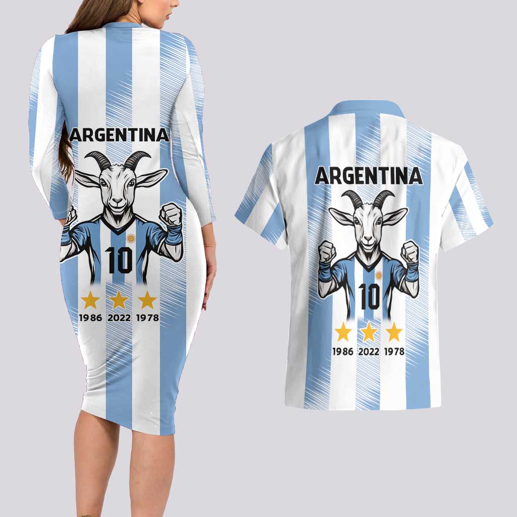 Blue Argentina 10 Goat Couples Matching Long Sleeve Bodycon Dress and Hawaiian Shirt History Champions World Cup