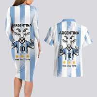 Blue Argentina 10 Goat Couples Matching Long Sleeve Bodycon Dress and Hawaiian Shirt History Champions World Cup