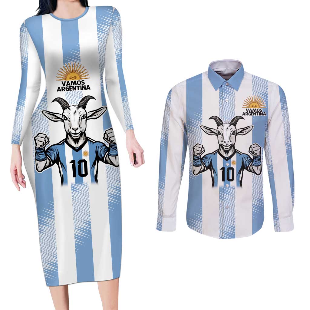 Blue Argentina 10 Goat Couples Matching Long Sleeve Bodycon Dress and Long Sleeve Button Shirt History Champions World Cup